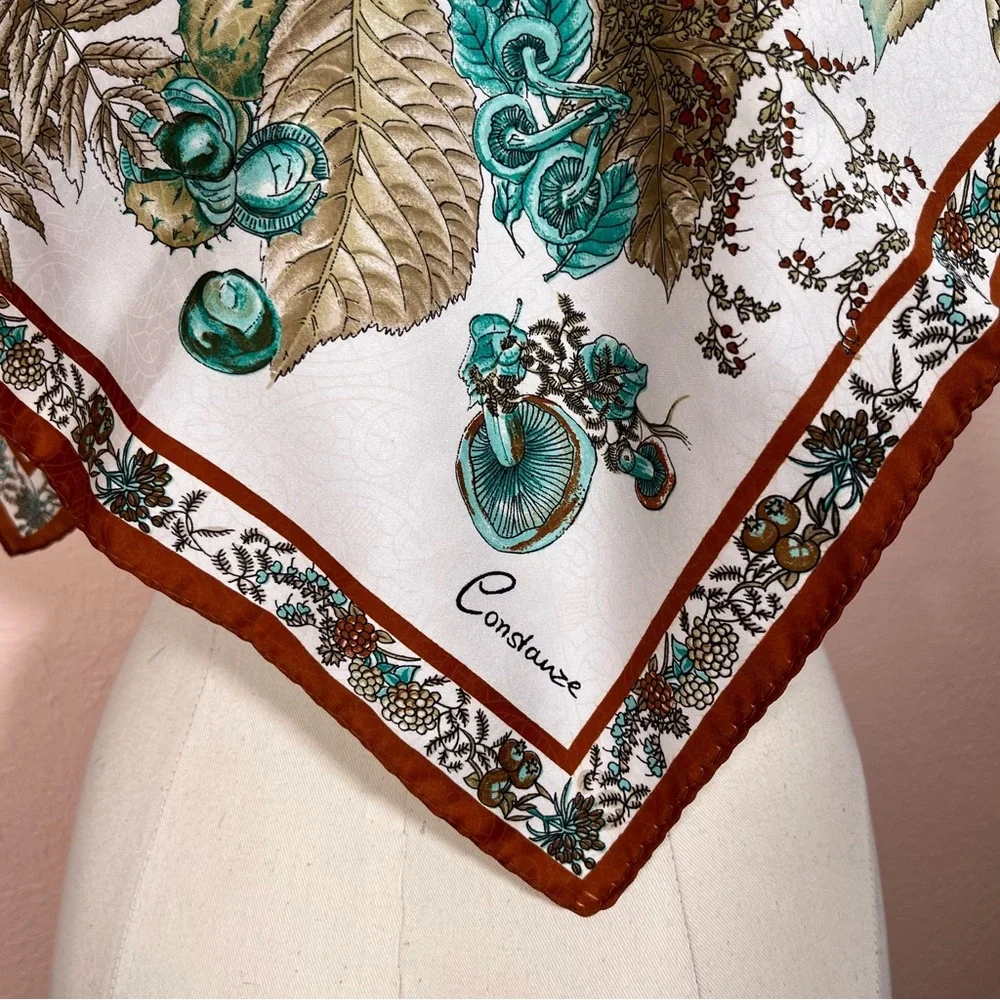 Vintage MCM Constanze  Fairycore Floral Mushroom Rust Aqua Jacquard silk Scarf